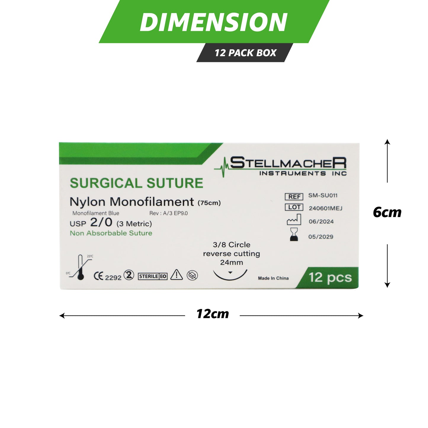 Nylon Monofilament Sutures USP 2/0 – 12 Pcs Non-Absorbable with Needle
