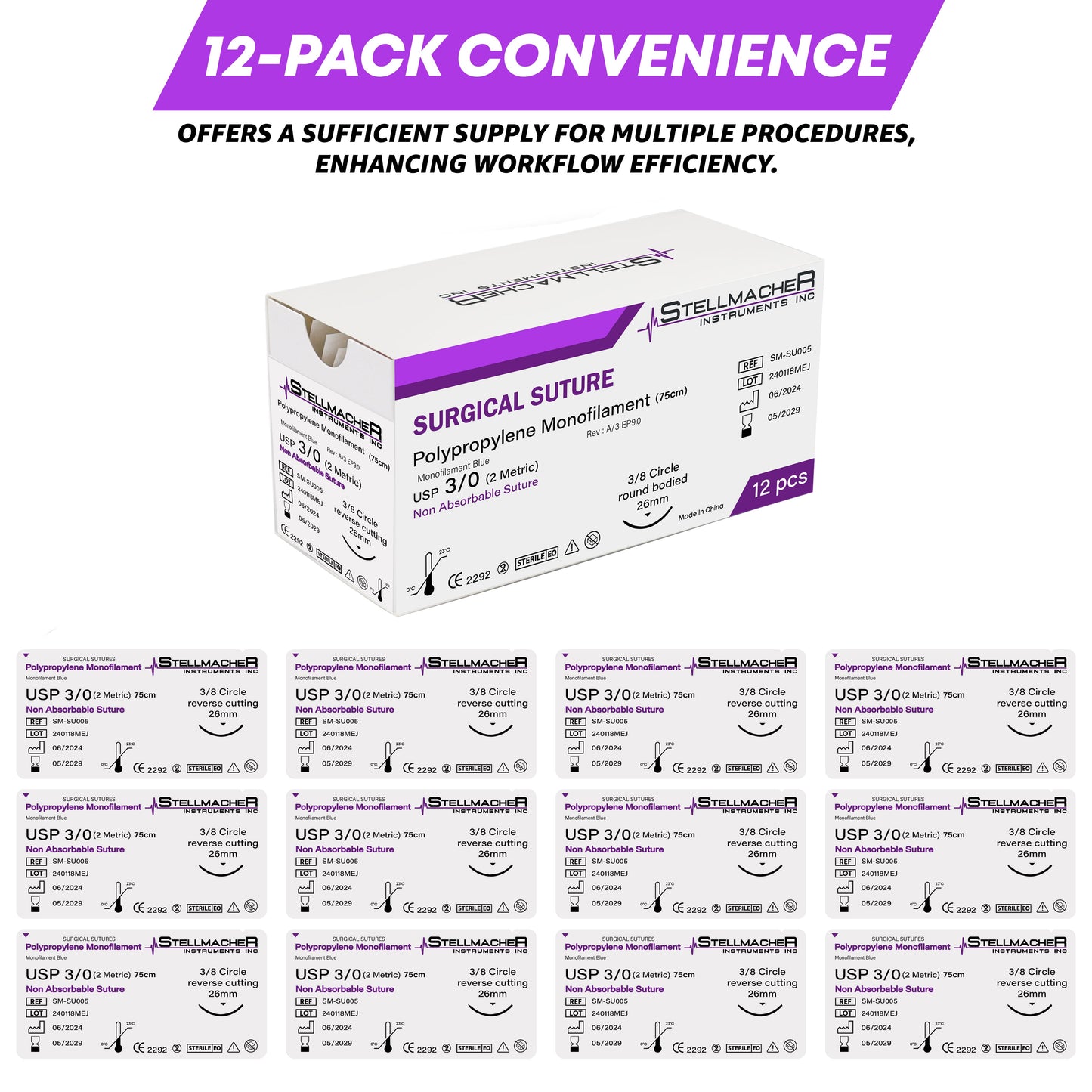Polypropylene Surgical Sutures USP 3/0 – 12 Pcs Non-Absorbable