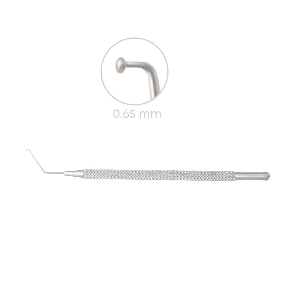 Mushroom Nucleus Manipulator, 0.65 mm, hemi-Ball Tip, Angled, Overall Length 12.5 cm