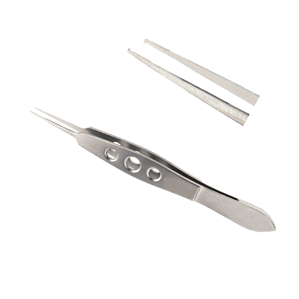 Micro Iris Forceps, With Tying Platform, toothed, 1 x 2 teeth, 0.40 mm, overall length 10.5 cm