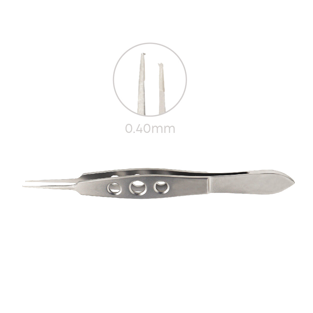 Micro Iris Forceps, With Tying Platform, toothed, 1 x 2 teeth, 0.40 mm, overall length 10.5 cm