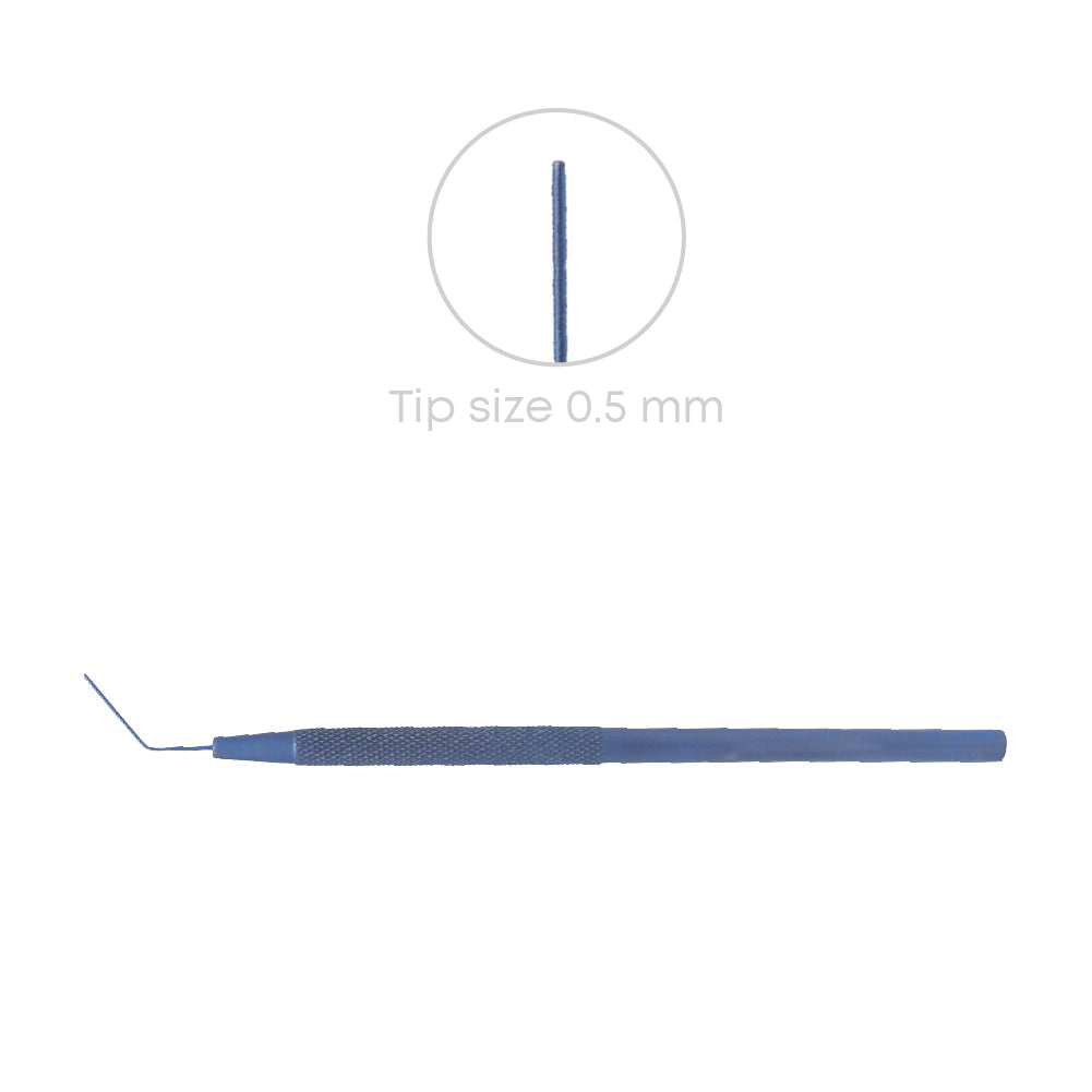 Lens Round Spatula, 0.5 mm, Angled, Blunt, overall length 12.5 cm, Titanium
