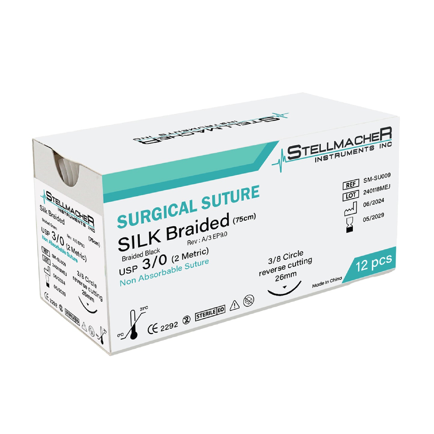 Silk Braided Suture Thread Kit 3/0 - Pack of 12