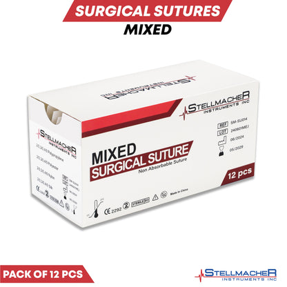 Box of Stellmacher Instruments Inc. mixed surgical sutures on a white background