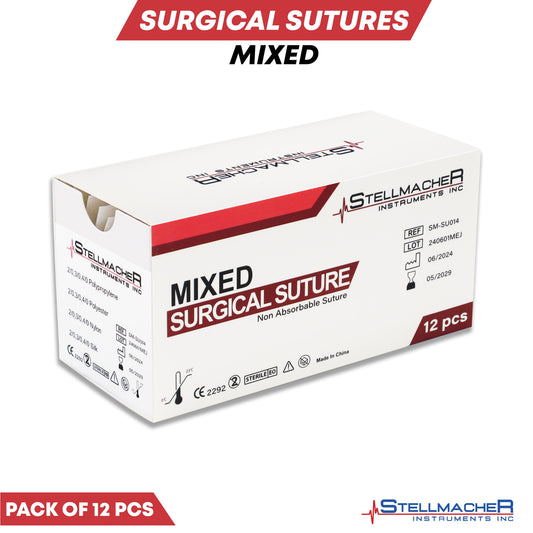 Box of Stellmacher Instruments Inc. mixed surgical sutures on a white background