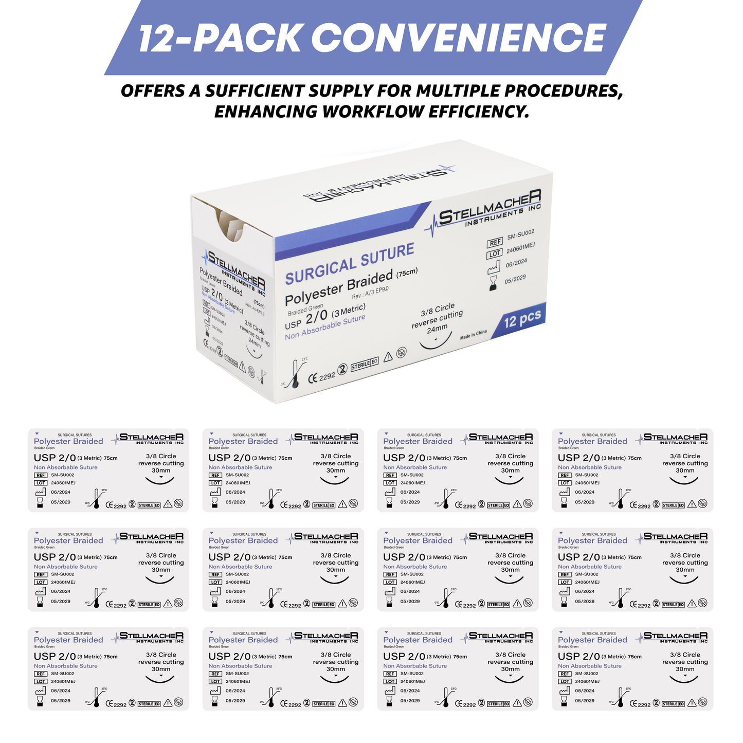 Polyester Braided Sutures USP 2/0 – 12 Pcs Non-Absorbable with Needle