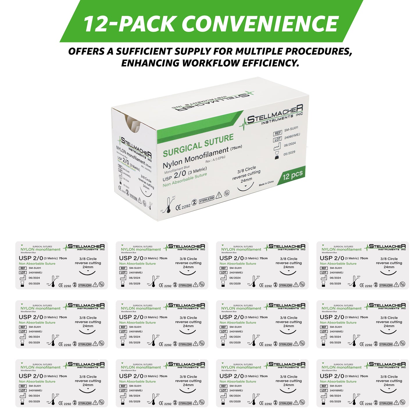 Nylon Monofilament Sutures USP 2/0 – 12 Pcs Non-Absorbable with Needle
