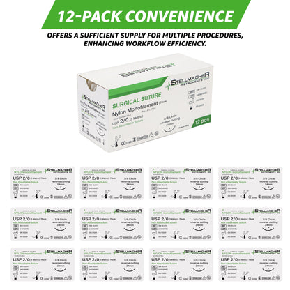 Nylon Monofilament Sutures USP 2/0 – 12 Pcs Non-Absorbable with Needle