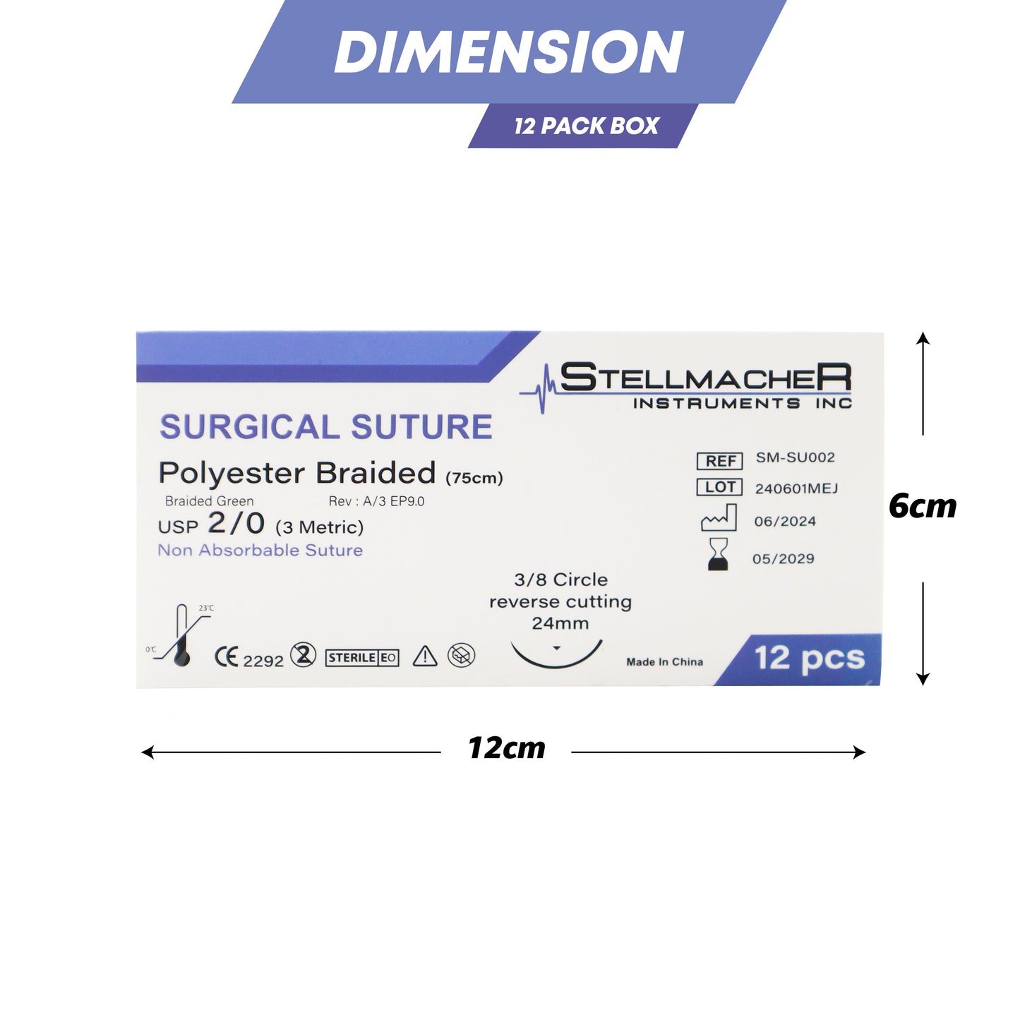 Polyester Braided Sutures USP 2/0 – 12 Pcs Non-Absorbable with Needle