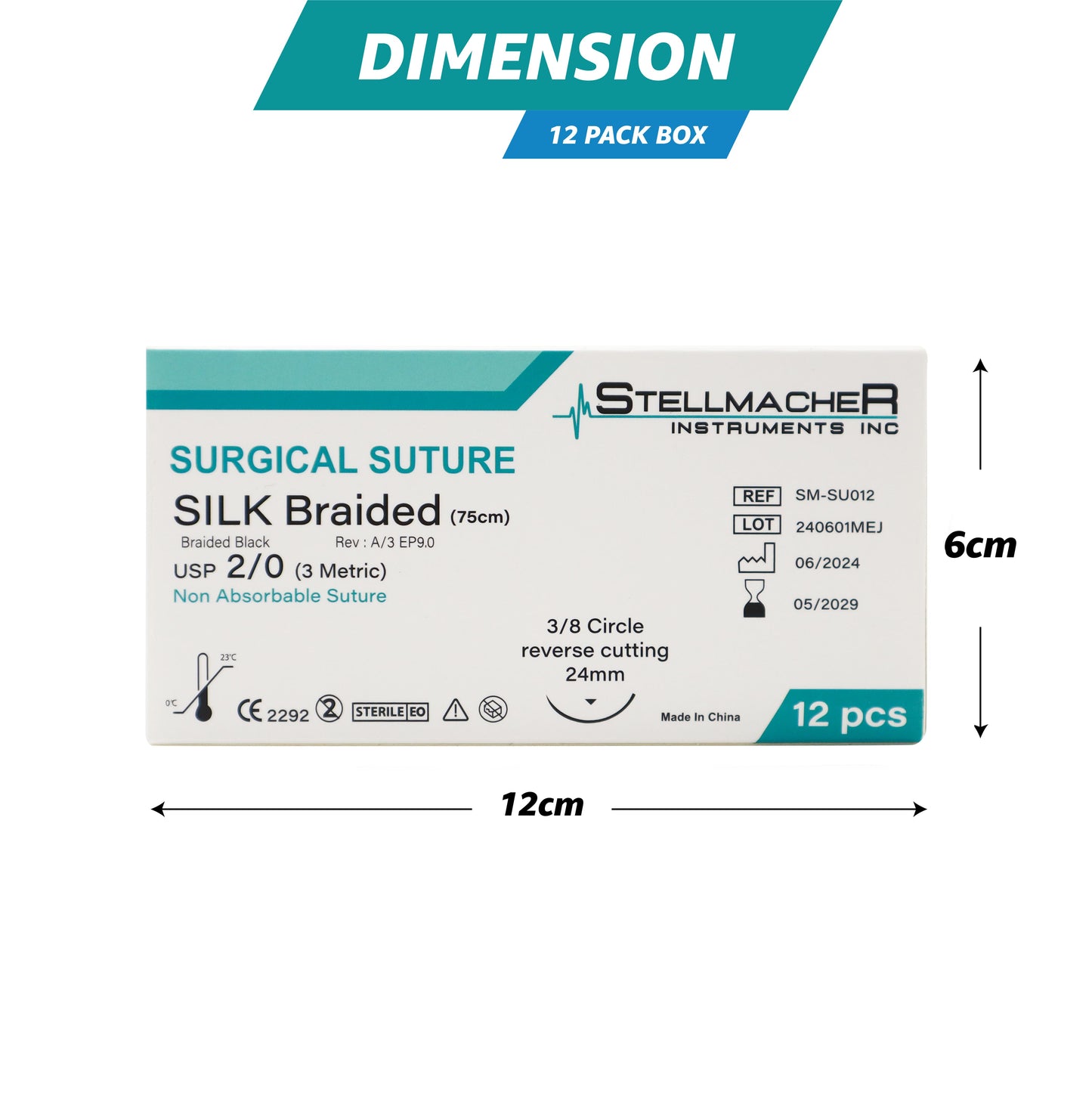 Silk Braided Suture 2/0 with Reverse Cutting Needle – 12 Pcs Surgical Training Sutures