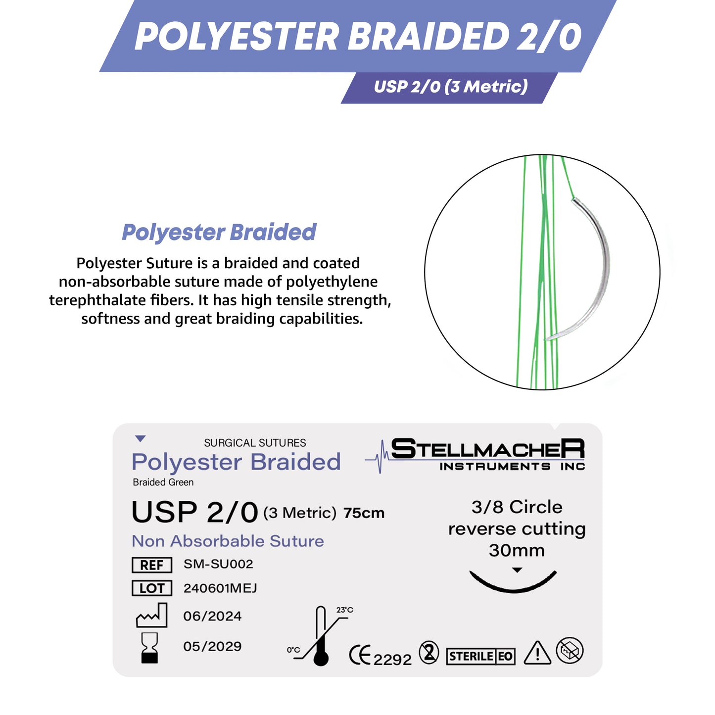 Polyester Braided Sutures USP 2/0 – 12 Pcs Non-Absorbable with Needle