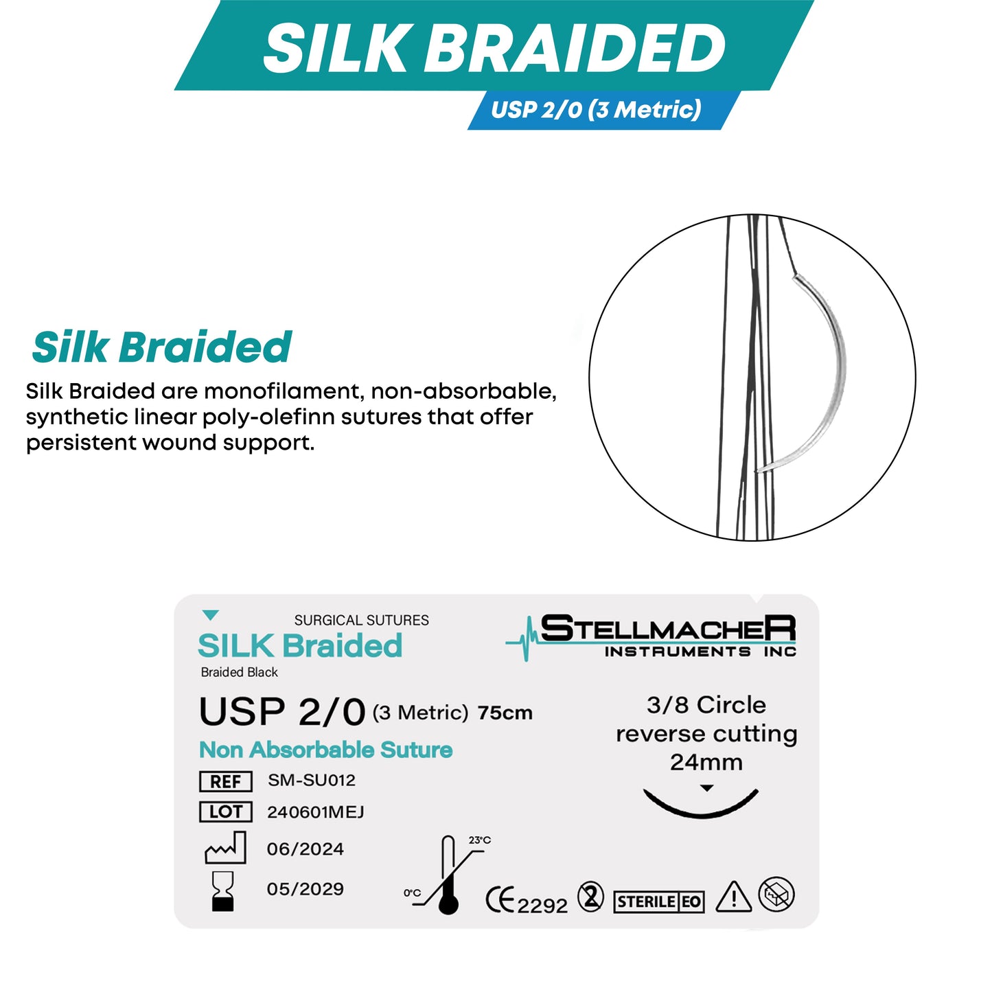 Silk Braided Suture 2/0 with Reverse Cutting Needle – 12 Pcs Surgical Training Sutures