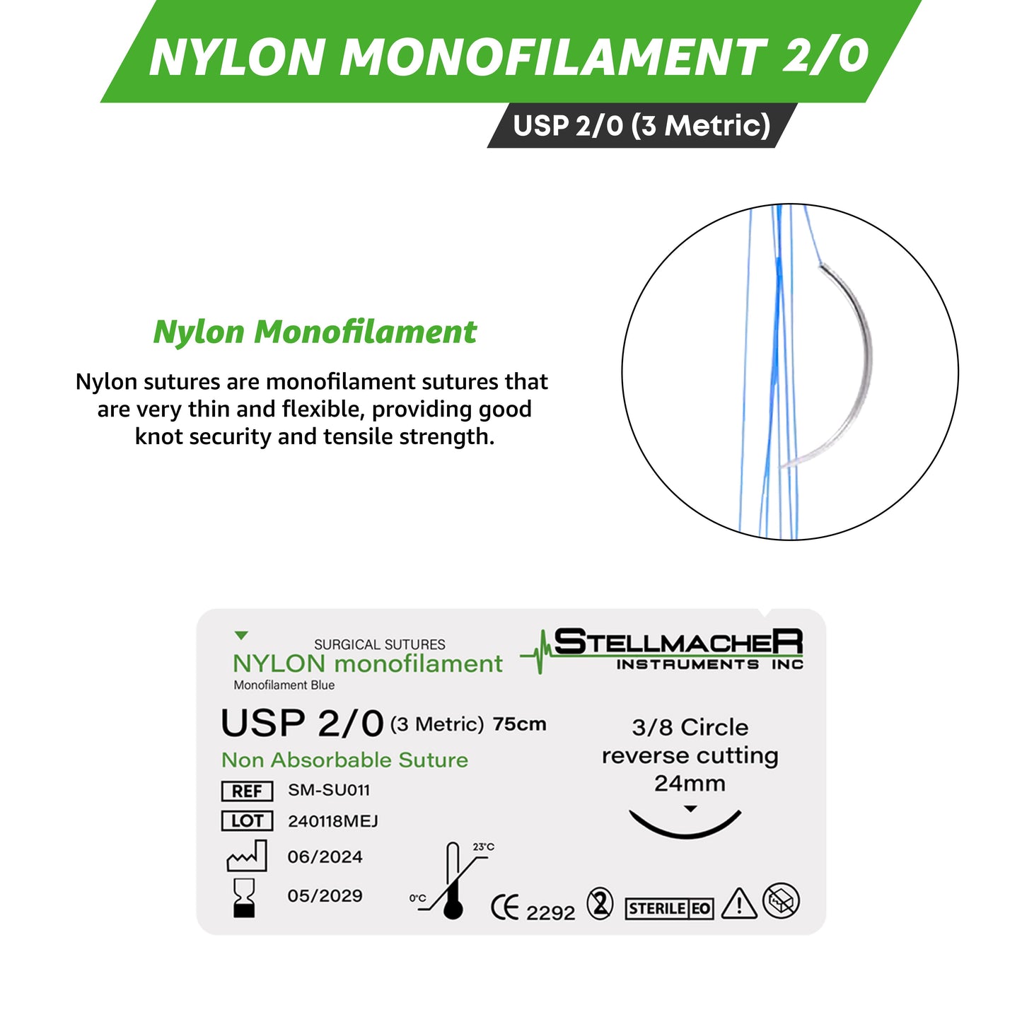 Nylon Monofilament Sutures USP 2/0 – 12 Pcs Non-Absorbable with Needle