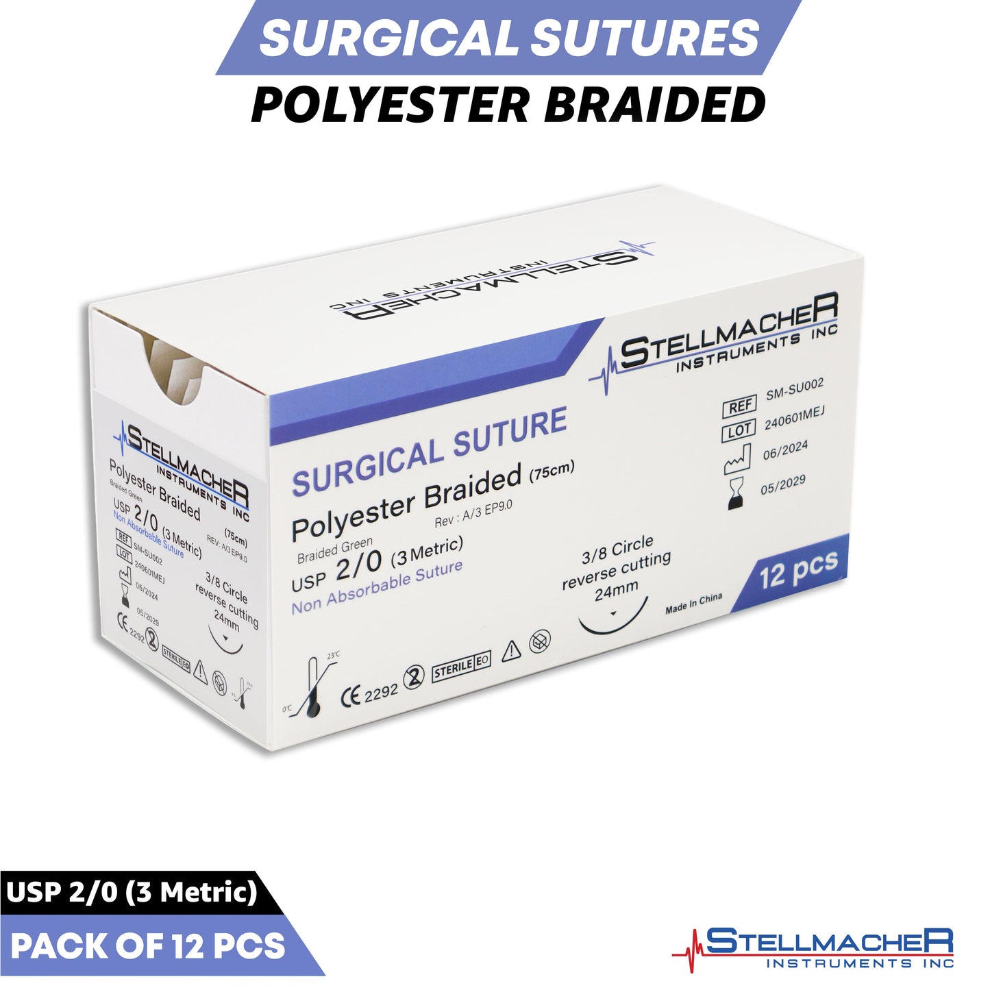 Polyester Braided Sutures USP 2/0 – 12 Pcs Non-Absorbable with Needle