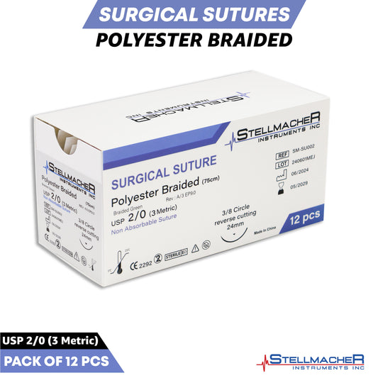 Polyester Braided Sutures USP 2/0 – 12 Pcs Non-Absorbable with Needle