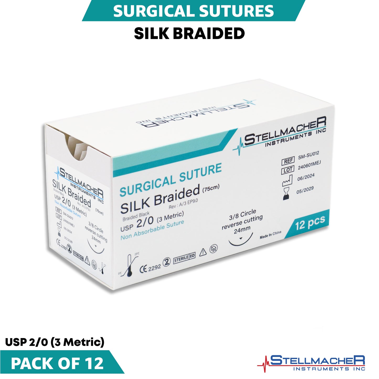 Silk Braided Suture 2/0 with Reverse Cutting Needle – 12 Pcs Surgical Training Sutures