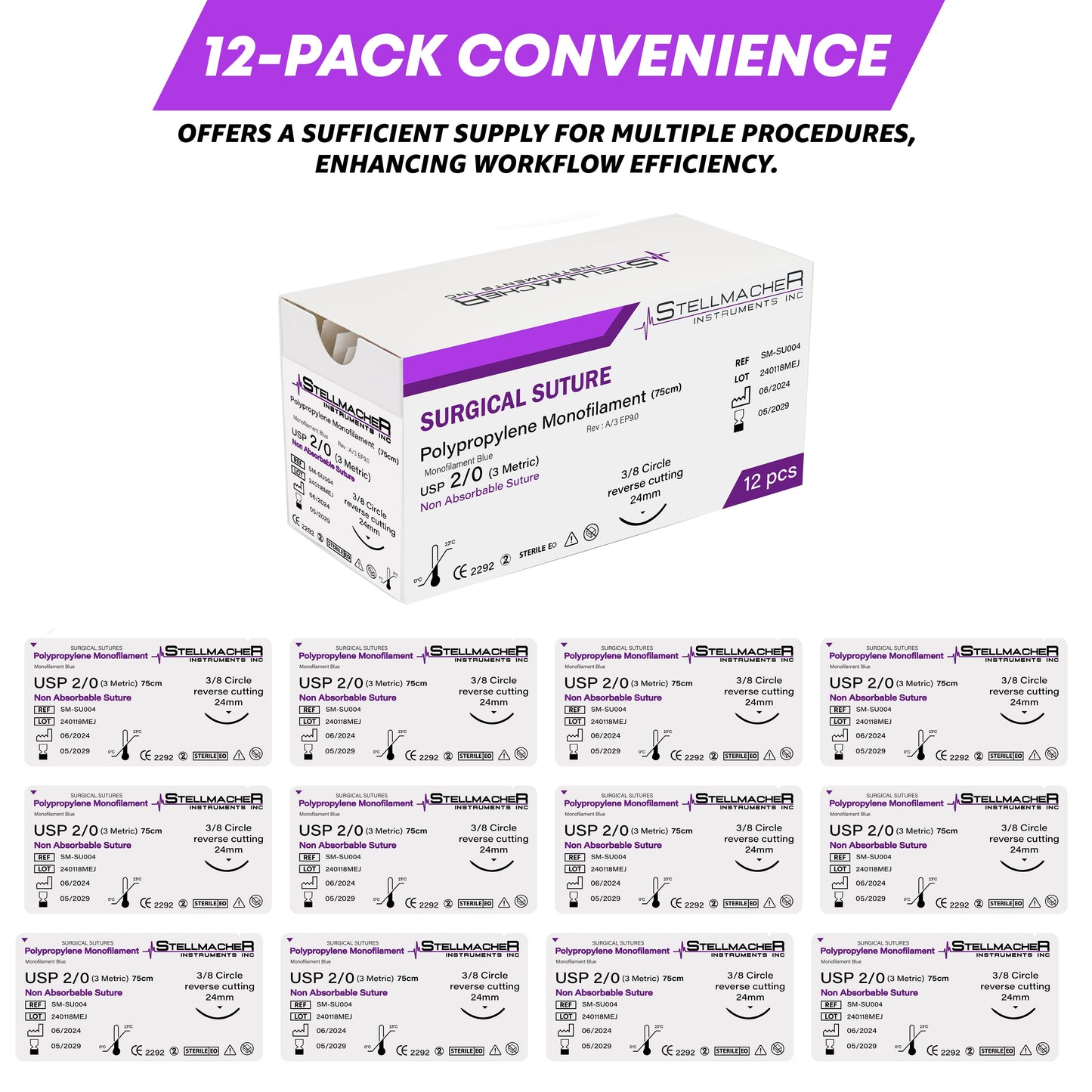 Polypropylene Surgical Sutures USP 2/0 – 12 Pcs Non-Absorbable