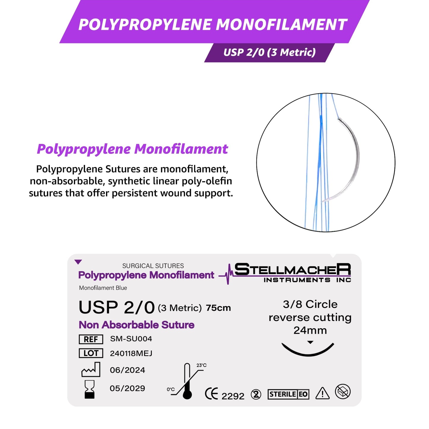 Polypropylene Surgical Sutures USP 2/0 – 12 Pcs Non-Absorbable