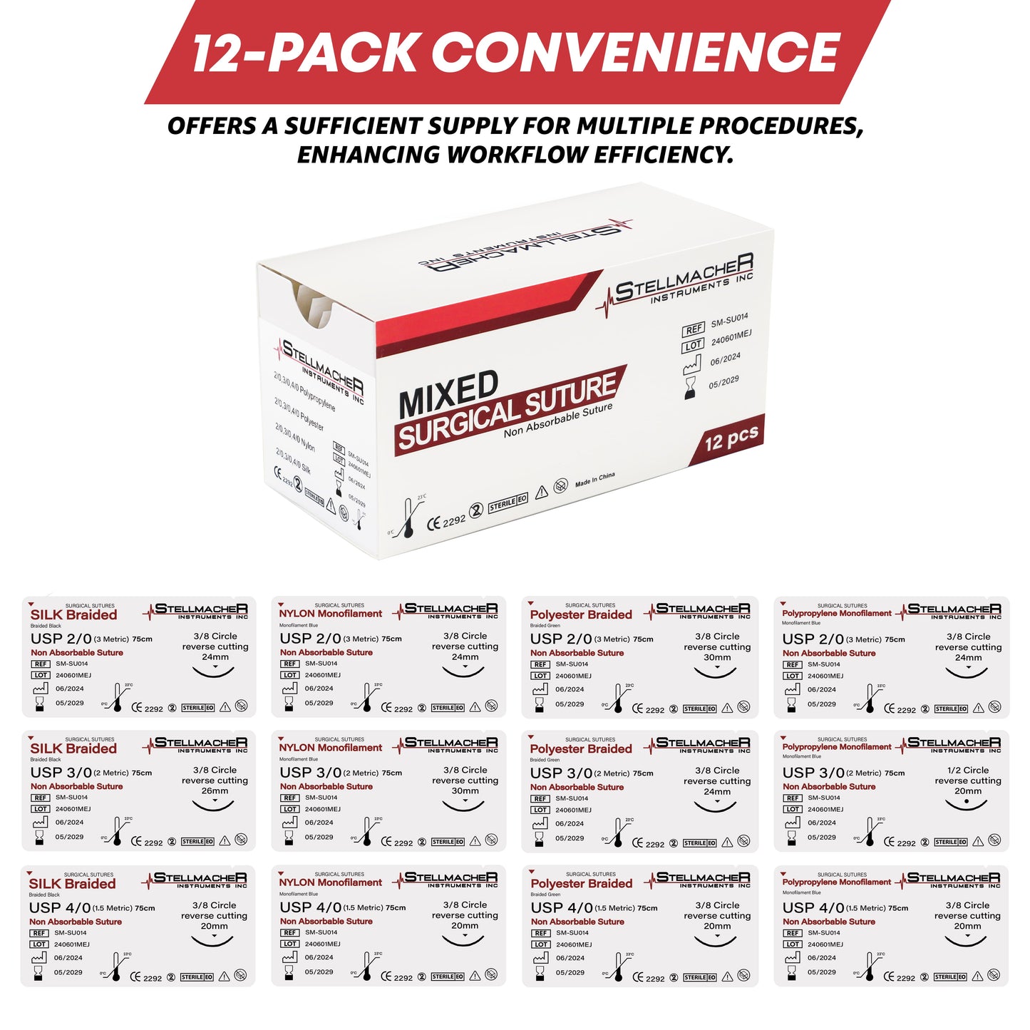 Mixed Surgical Sutures with Needle – 12 Pcs Non-Absorbable Training Threads