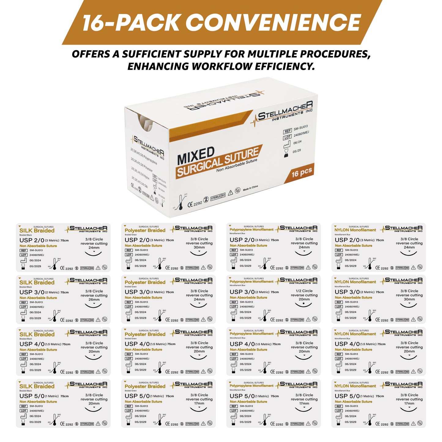 Mixed Surgical Sutures with Needle – 16 Pcs Non-Absorbable Training Threads