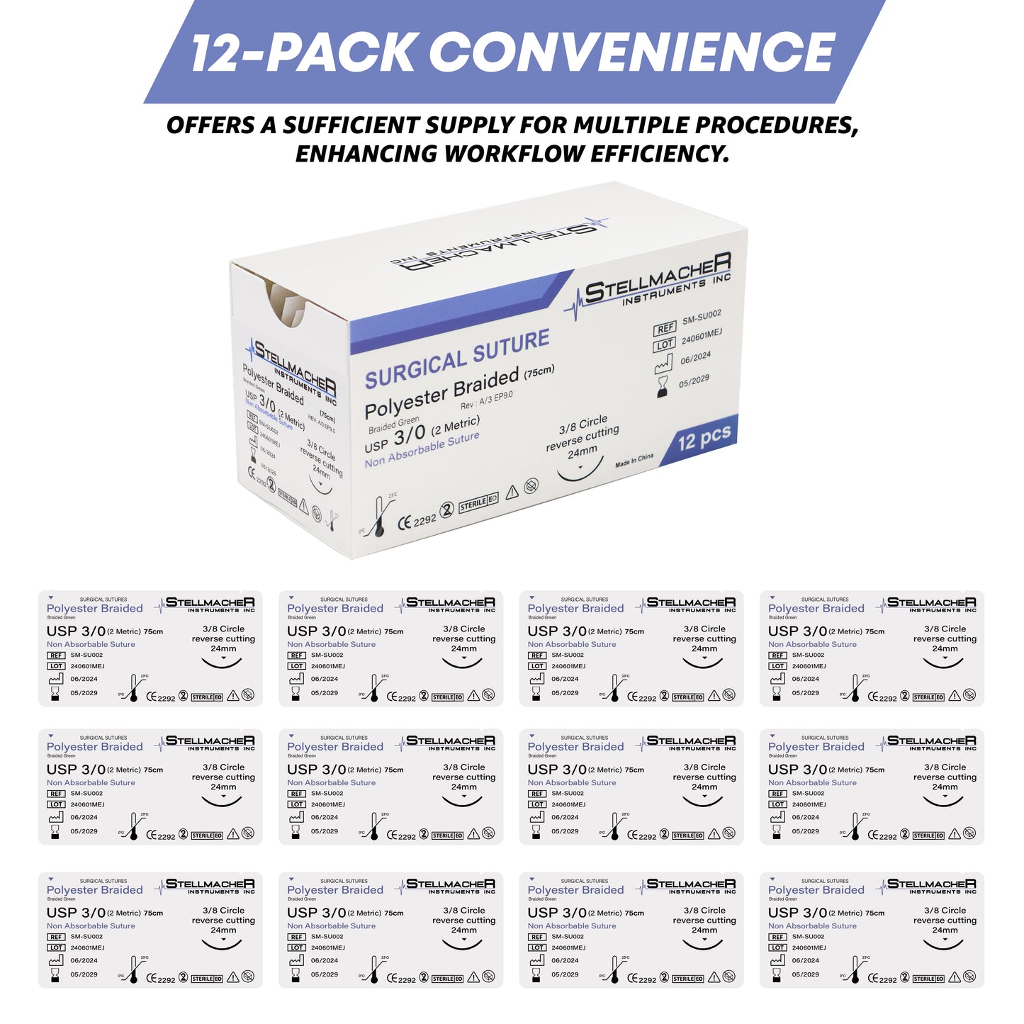 Polyester Braided Sutures USP 3/0 – 12 Pcs Non-Absorbable with Needle