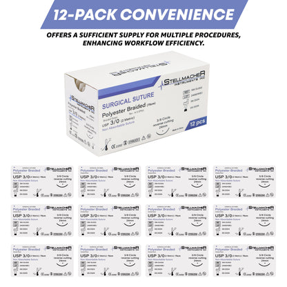 Polyester Braided Sutures USP 3/0 – 12 Pcs Non-Absorbable with Needle