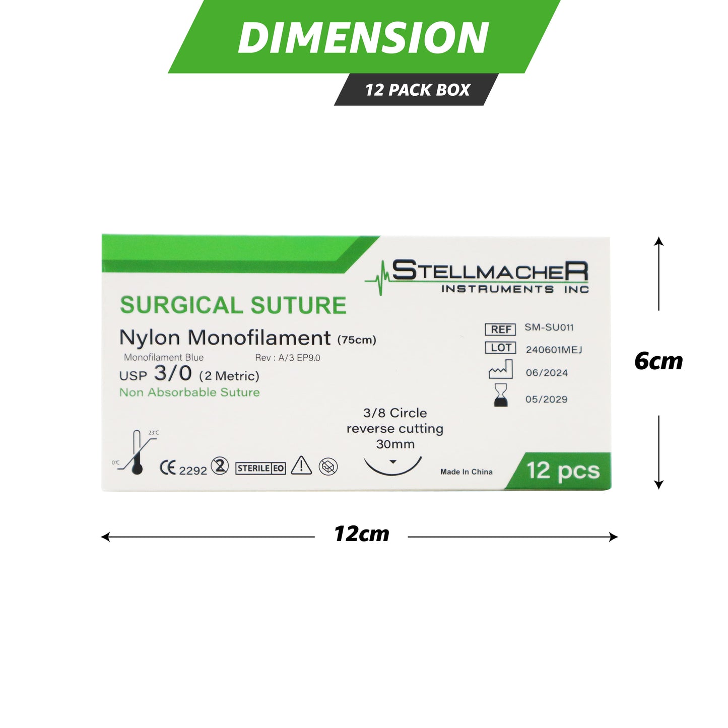Nylon Monofilament Sutures USP 3/0 – 12 Pcs Non-Absorbable with Needle