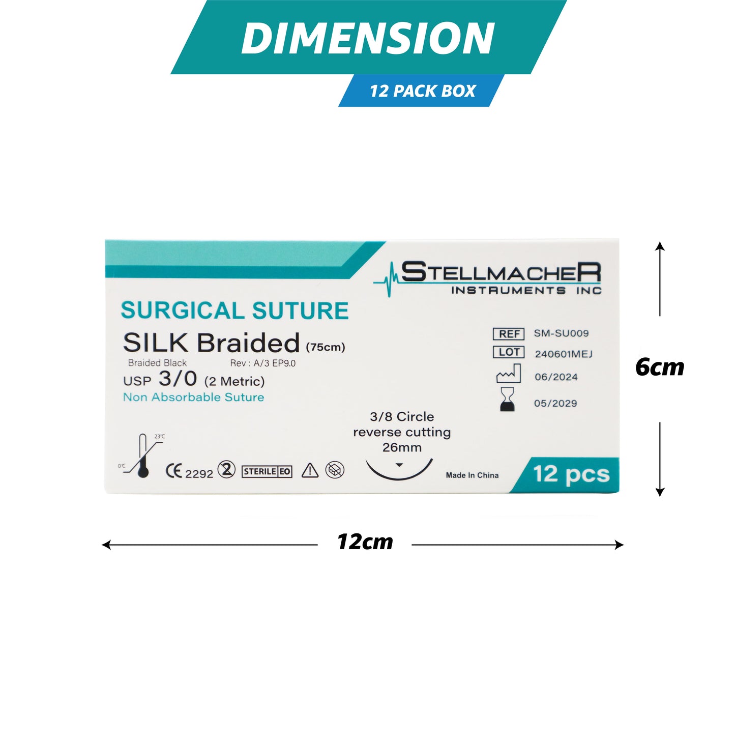 Silk Braided Suture 3/0 with Reverse Cutting Needle – 12 Pcs Surgical Training Sutures
