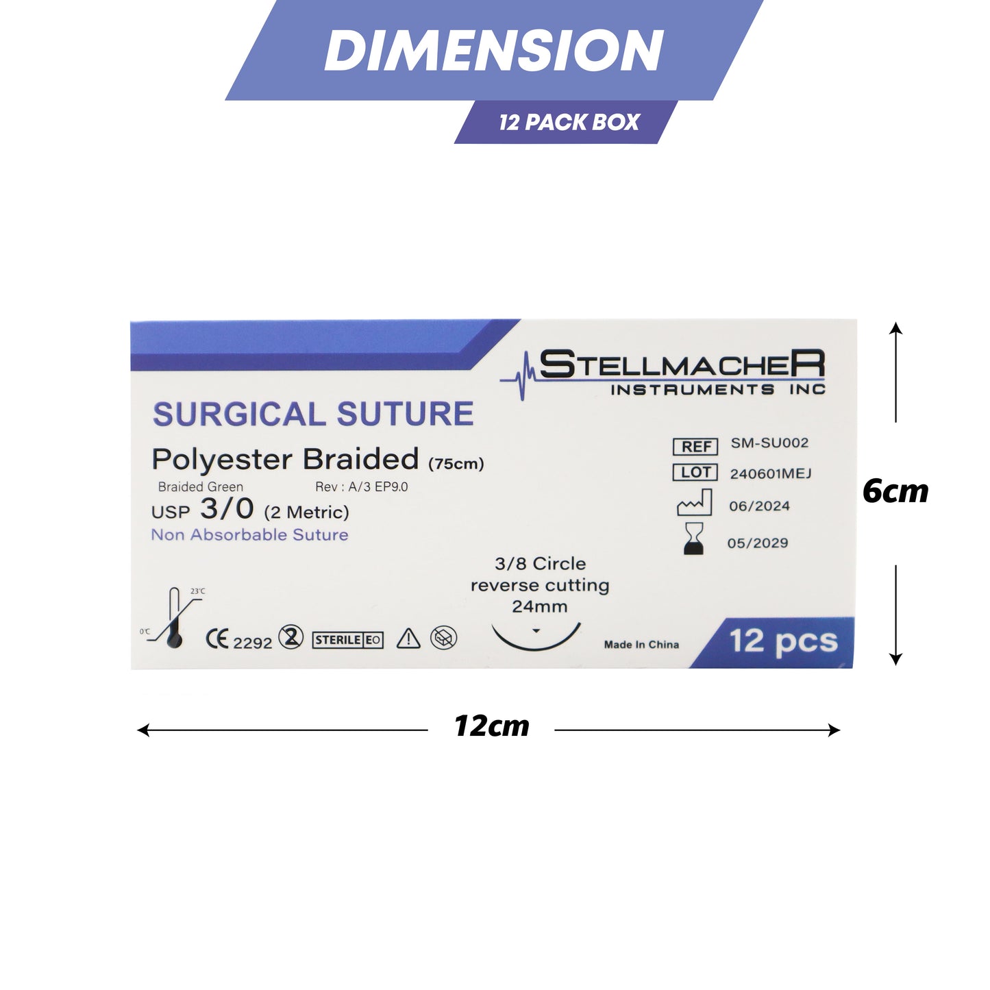 Polyester Braided Sutures USP 3/0 – 12 Pcs Non-Absorbable with Needle