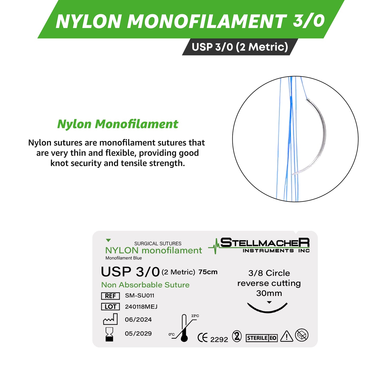 Nylon Monofilament Sutures USP 3/0 – 12 Pcs Non-Absorbable with Needle