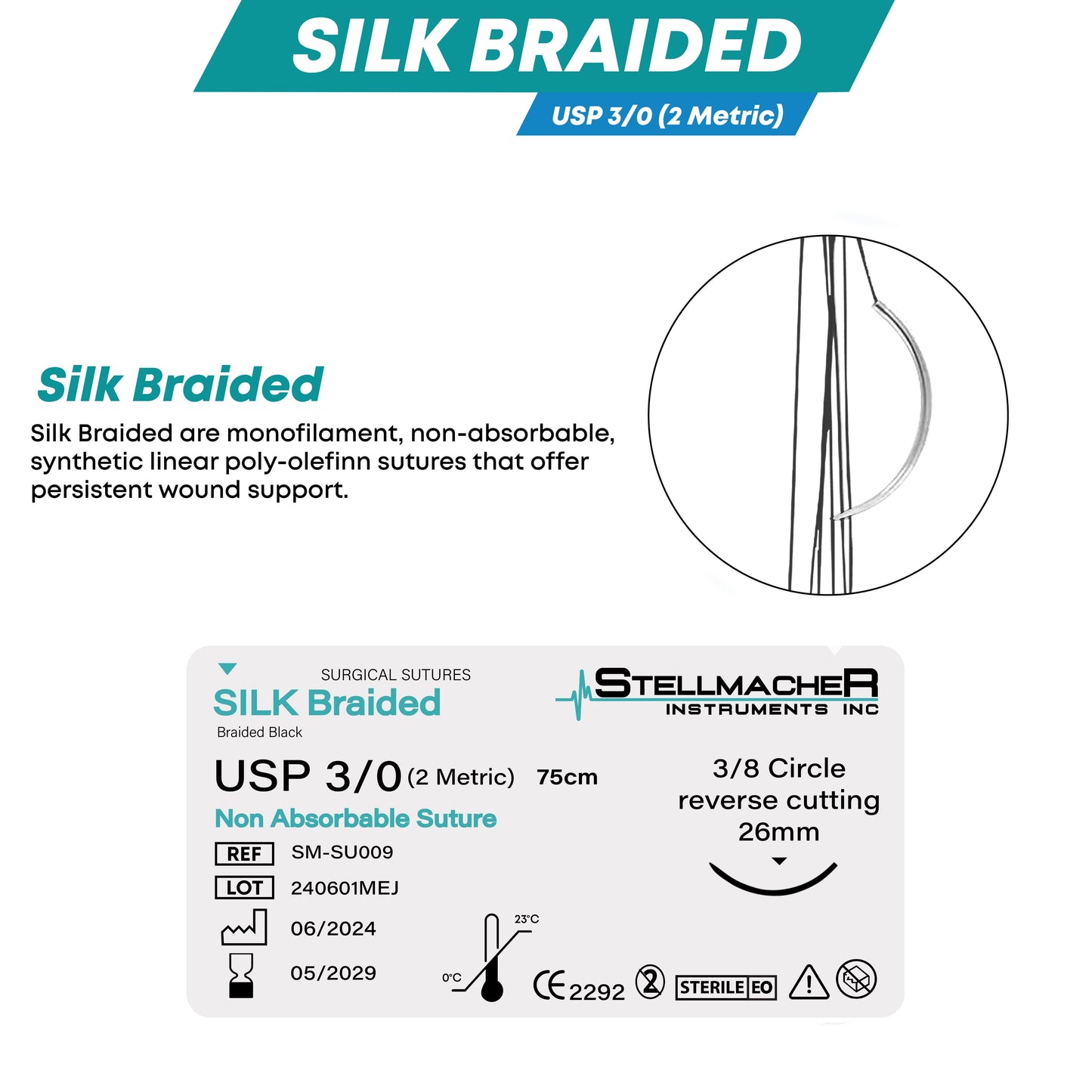 Silk Braided Suture 3/0 with Reverse Cutting Needle – 12 Pcs Surgical Training Sutures