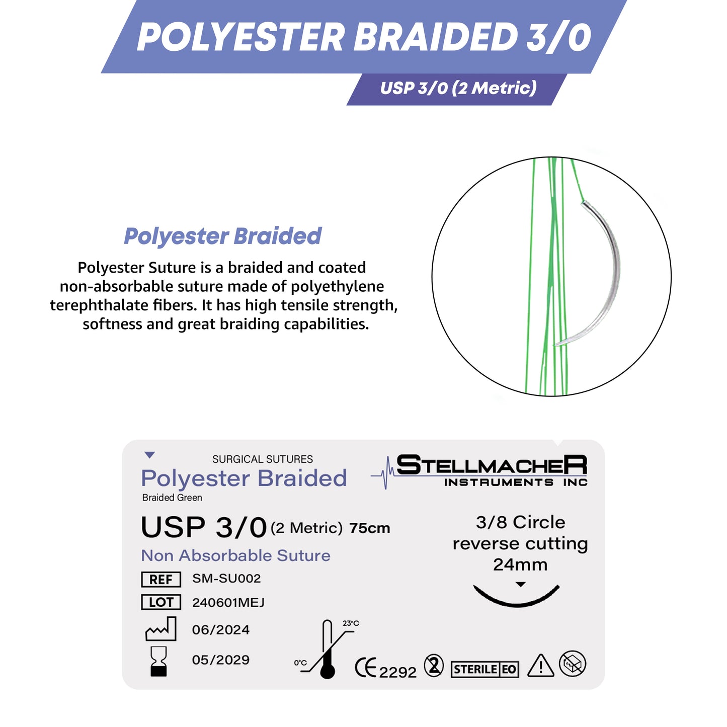 Polyester Braided Sutures USP 3/0 – 12 Pcs Non-Absorbable with Needle