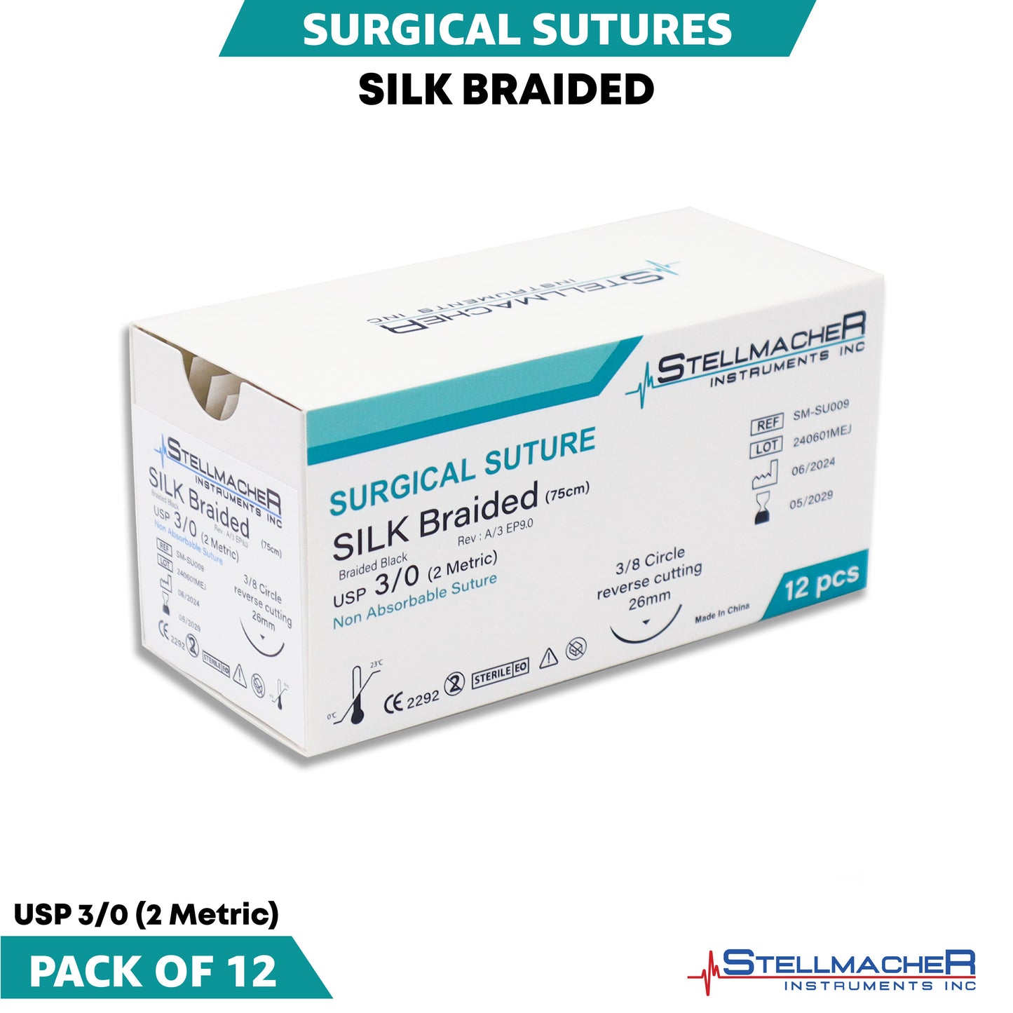 Silk Braided Suture 3/0 with Reverse Cutting Needle – 12 Pcs Surgical Training Sutures