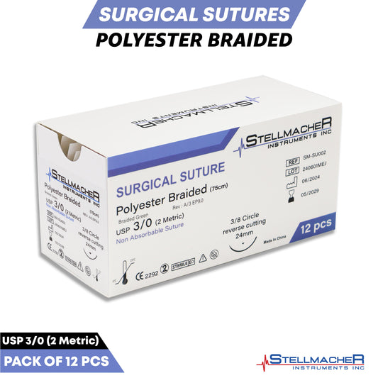 Polyester Braided Sutures USP 3/0 – 12 Pcs Non-Absorbable with Needle