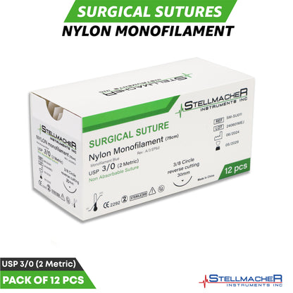 Nylon Monofilament Sutures USP 3/0 – 12 Pcs Non-Absorbable with Needle