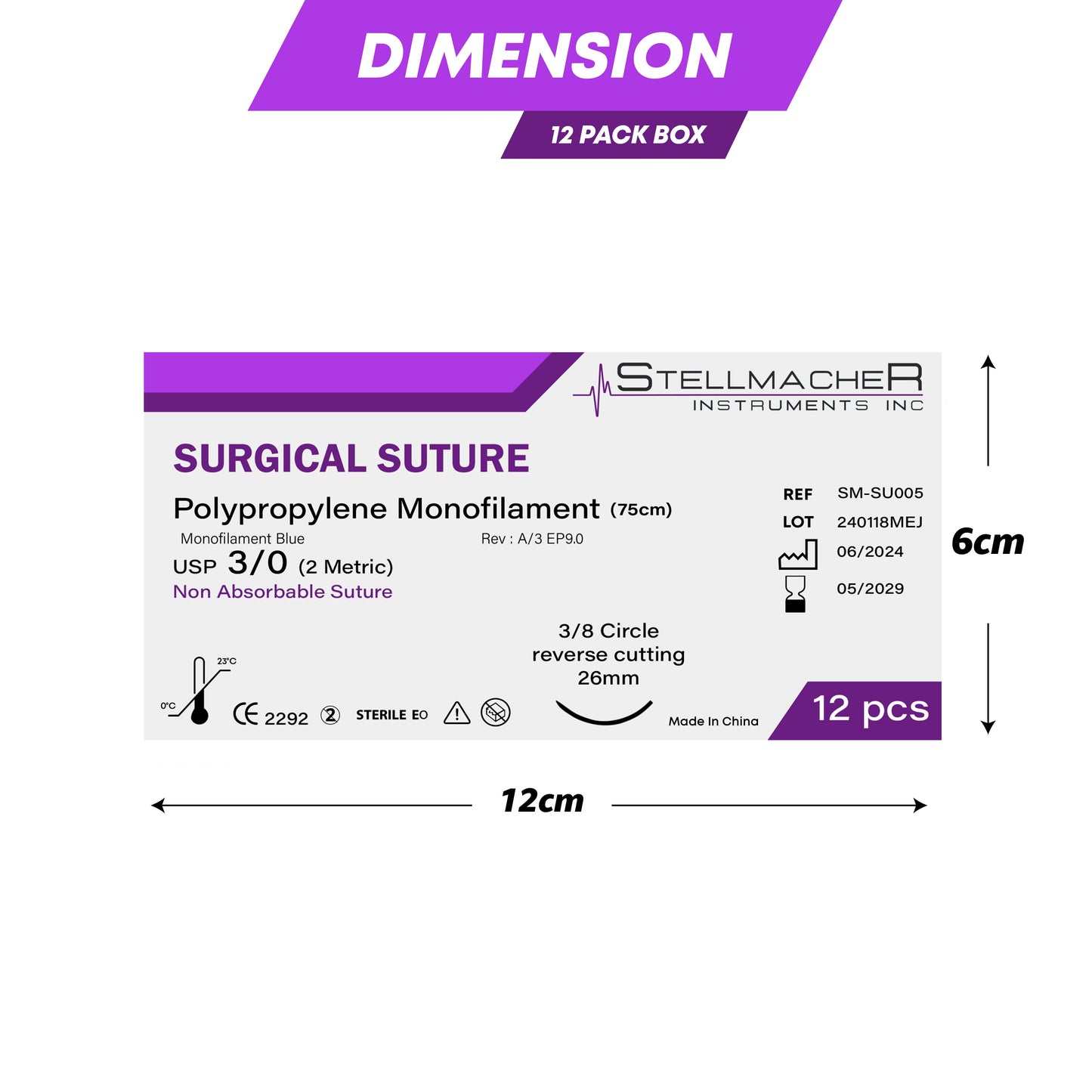 Polypropylene Surgical Sutures USP 3/0 – 12 Pcs Non-Absorbable