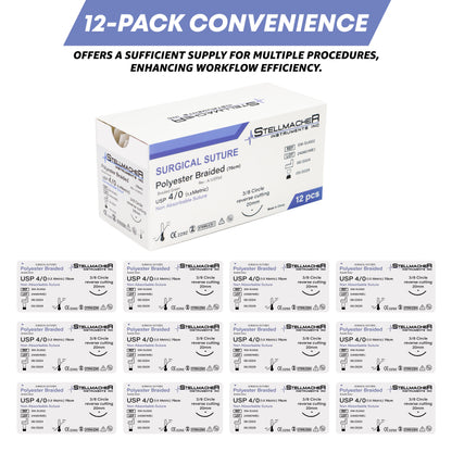 Polyester Braided Sutures USP 4/0 – 12 Pcs Non-Absorbable with Needle