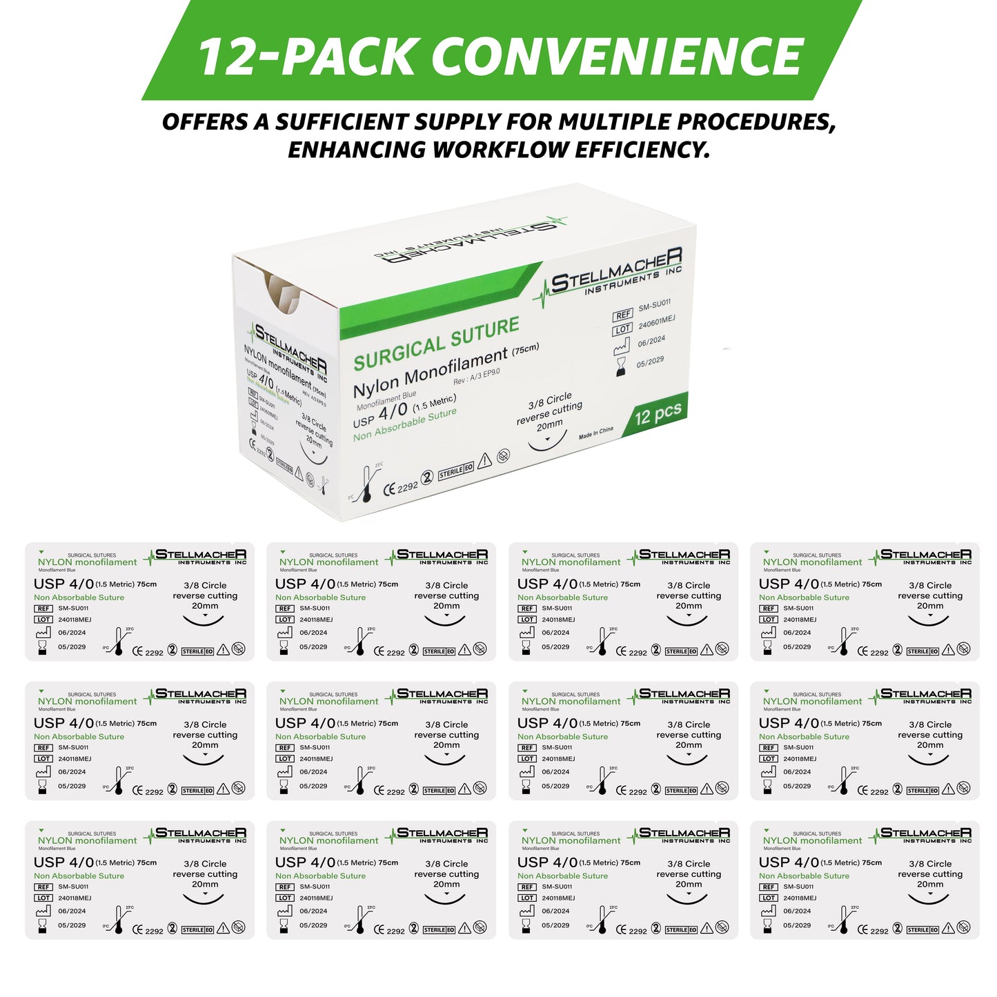 Nylon Monofilament Sutures USP 4/0 – 12 Pcs Non-Absorbable with Needle