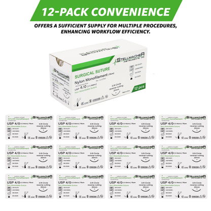 Nylon Monofilament Sutures USP 4/0 – 12 Pcs Non-Absorbable with Needle
