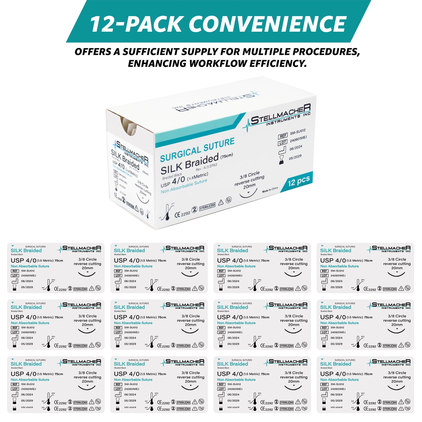 Silk Braided Suture 4/0 with Reverse Cutting Needle – 12 Pcs Surgical Training Sutures