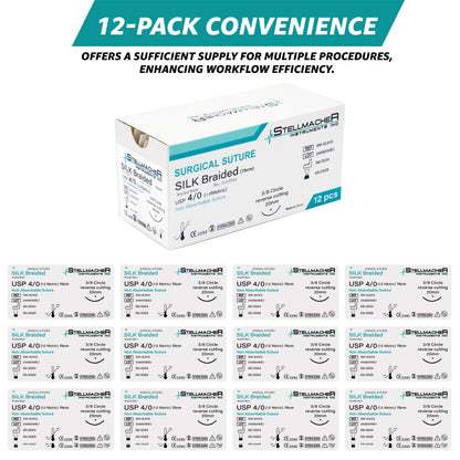 Silk Braided Suture 4/0 with Reverse Cutting Needle – 12 Pcs Surgical Training Sutures