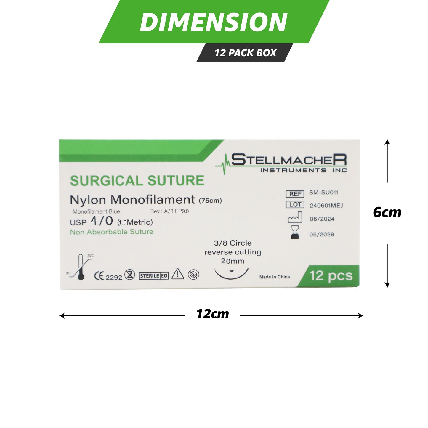 Nylon Monofilament Sutures USP 4/0 – 12 Pcs Non-Absorbable with Needle