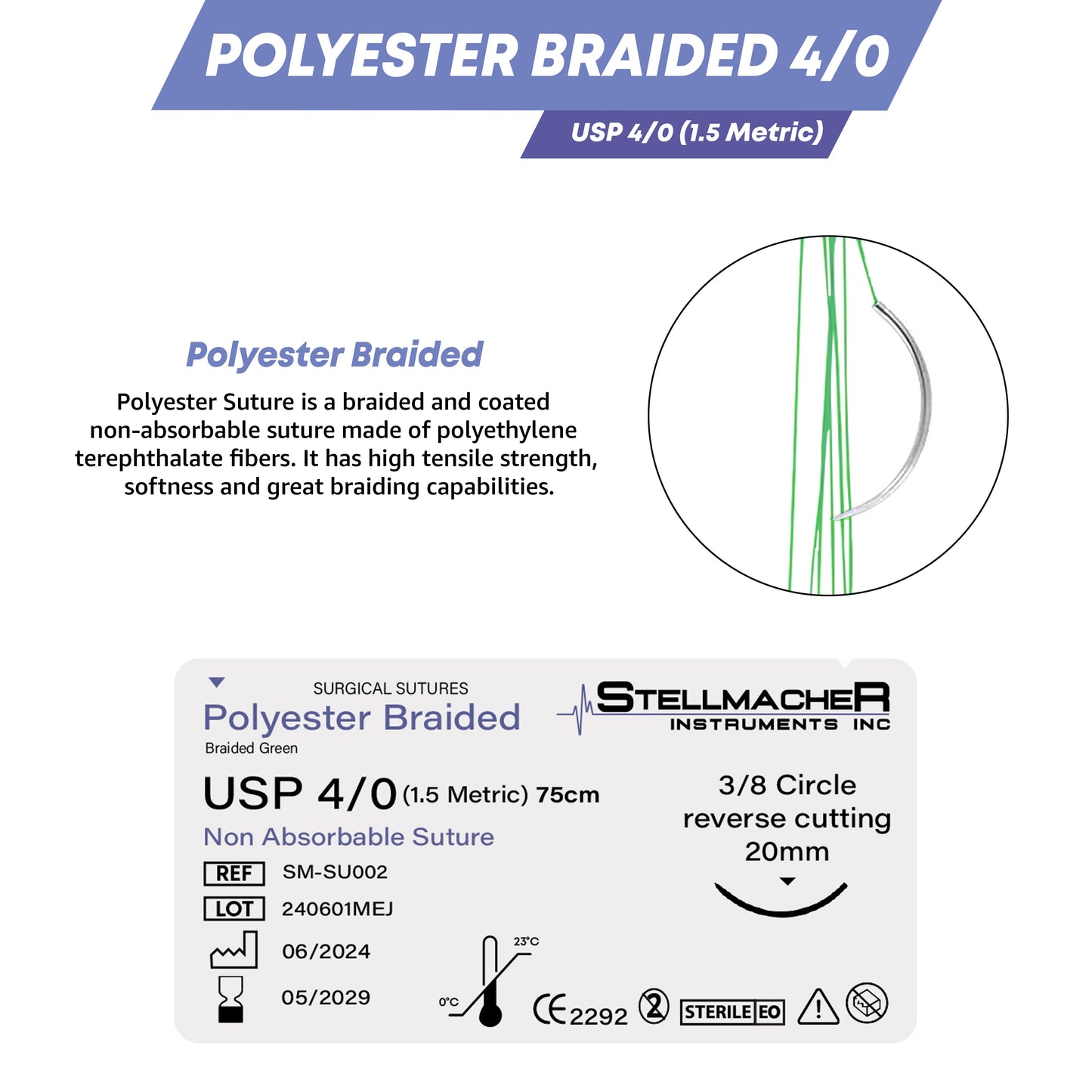 Polyester Braided Sutures USP 4/0 – 12 Pcs Non-Absorbable with Needle