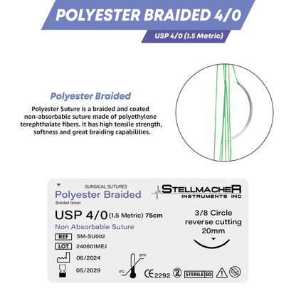 Polyester Braided Sutures USP 4/0 – 12 Pcs Non-Absorbable with Needle