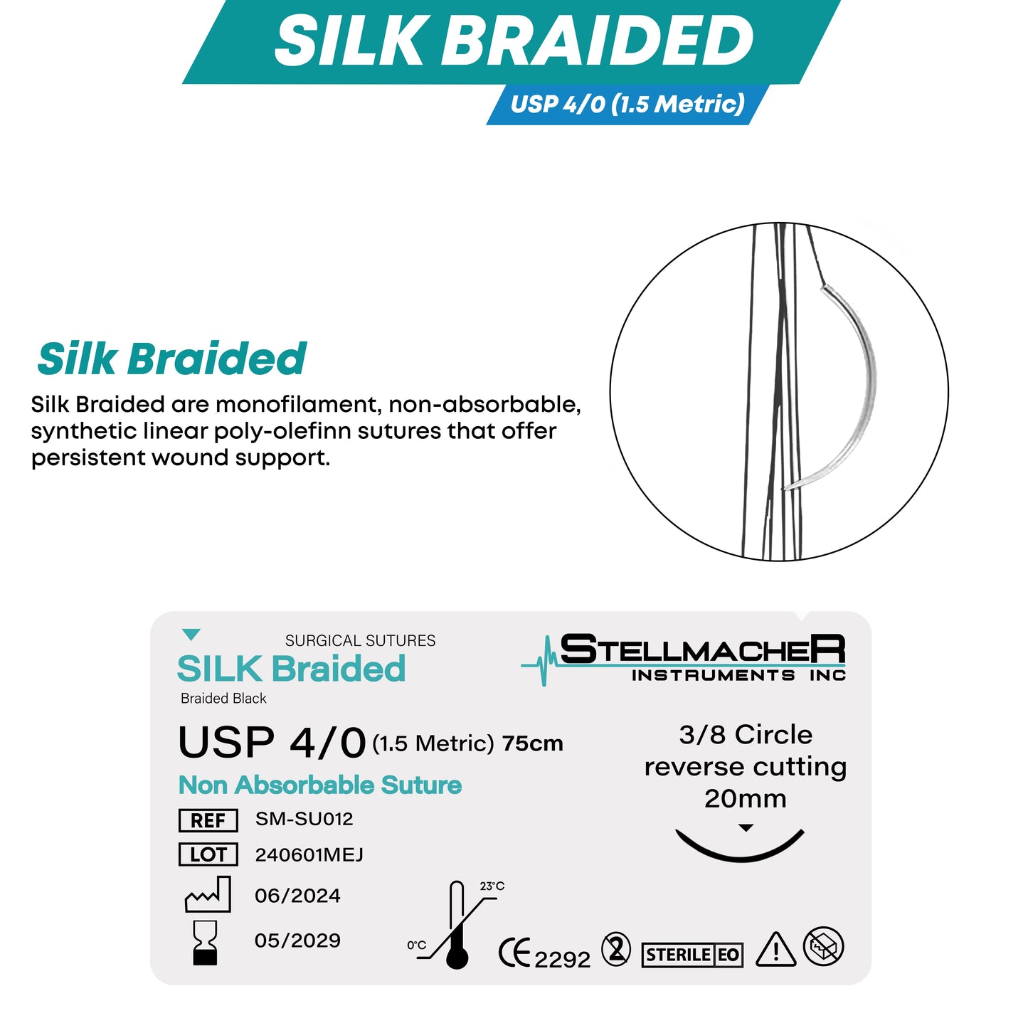 Silk Braided Suture 4/0 with Reverse Cutting Needle – 12 Pcs Surgical Training Sutures