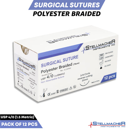 Polyester Braided Sutures USP 4/0 – 12 Pcs Non-Absorbable with Needle
