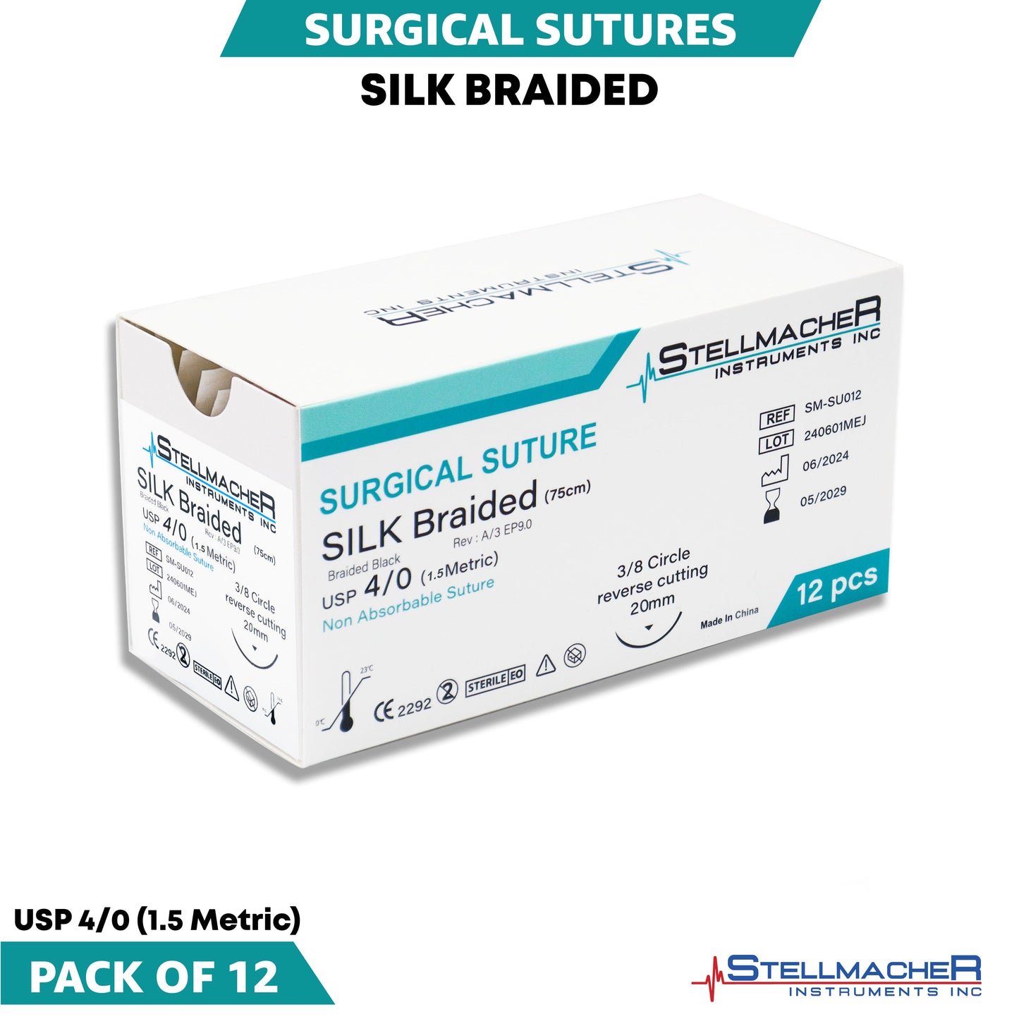 Silk Braided Suture 4/0 with Reverse Cutting Needle – 12 Pcs Surgical Training Sutures