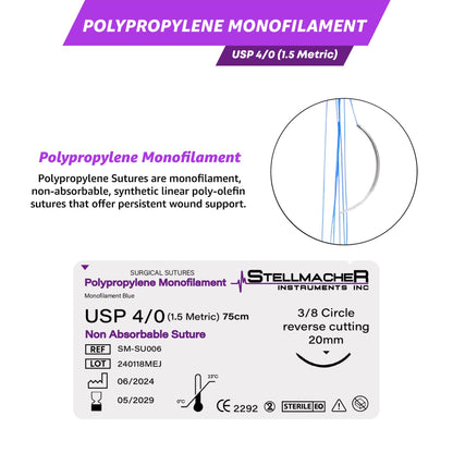 Polypropylene Surgical Sutures USP 4/0 – 12 Pcs Non-Absorbable