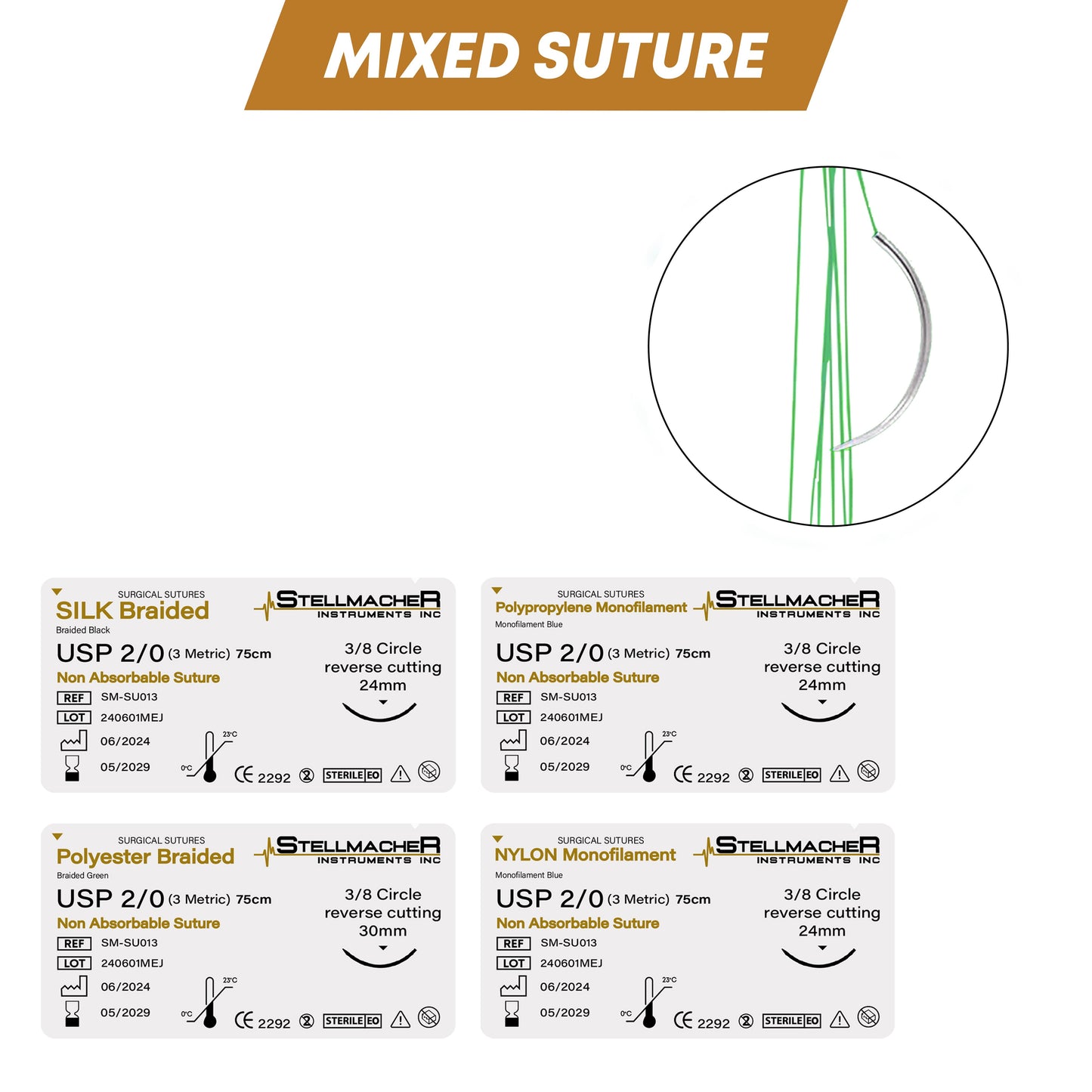 Mixed Surgical Sutures with Needle – 16 Pcs Non-Absorbable Training Threads