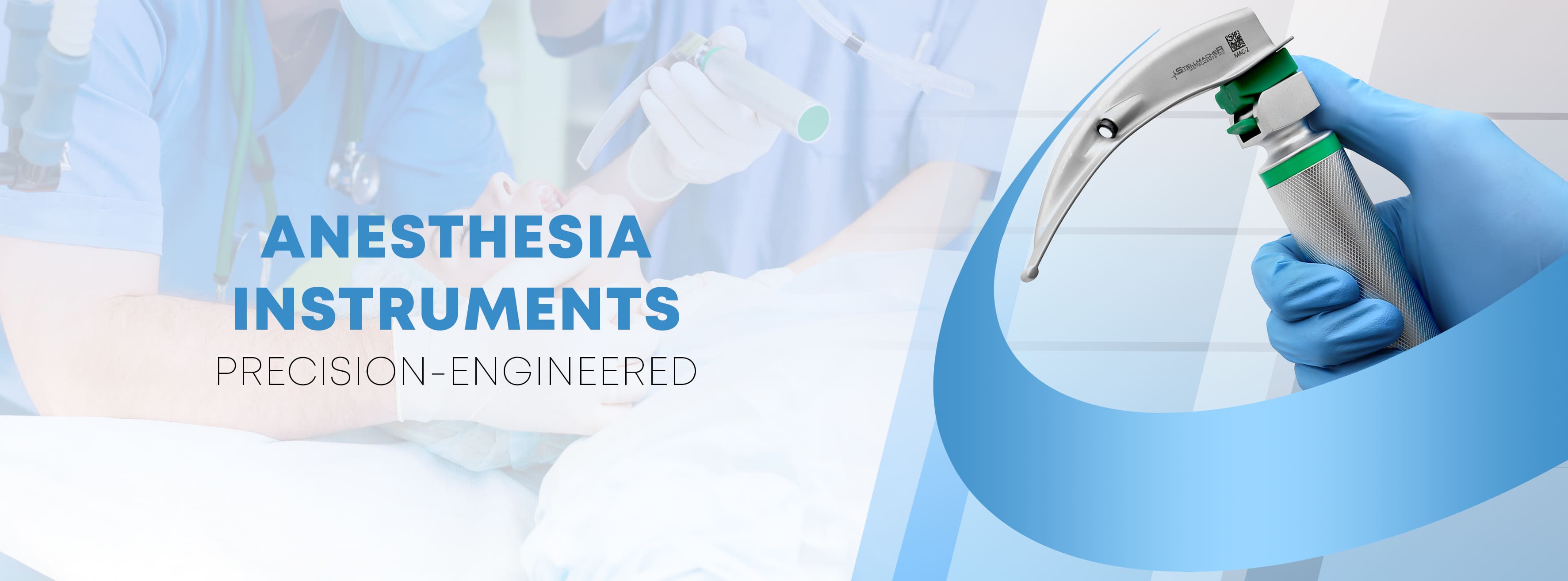 Anesthesia instrument held by a gloved hand with text 'Anesthesia Instruments' and 'Precision Engineered'.